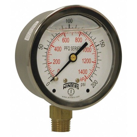Winters Qual Ss/Br Gauge 2.5" 1/4Lm 0-200Psi/Kpa, 2 1/2 in Dial, 1/4 in NPT Bottom Location PFQ806