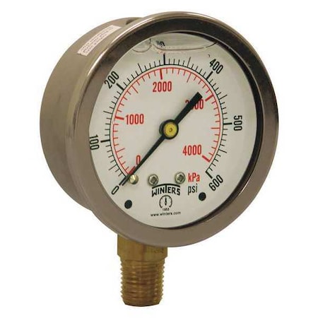 Winters Qual Ss/Br Gauge 2.5" 1/4Lm 0-600Psi/Kpa, 2 1/2 in Dial, 1/4 in NPT Bottom Location PFQ808