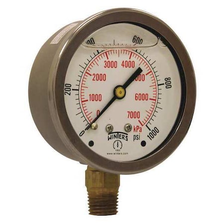 Winters Qual Ss/Br Gauge 2.5" 1/4Lm 1000Psi/Kpa, 2 1/2 in Dial, 1/4 in NPT Bottom Location PFQ809