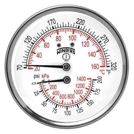 Winters Tridicator 3 0/200 psi/Kpa 70/320 F/C, Cb, 3 in Dial, 1/2 in NPT Back Location, Steel Case Material TTD407