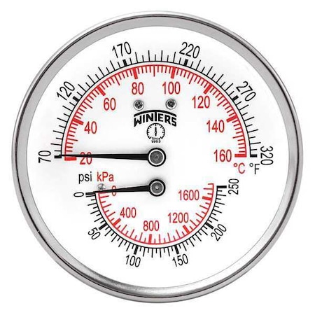 Winters Tridicator 3 0/250 psi/Kpa 70/320 F/C, Cb, 3 in Dial, 1/2 in NPT Back Location, Steel Case Material TTD398