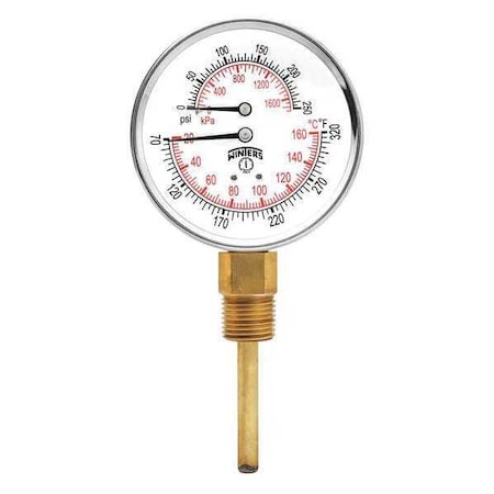 Winters Tridicator 3 0/250 psi/Kpa 70/320 F/C, Lm, 3 in Dial, 1/2 in NPT Bottom Location, Steel Case Material TTD399