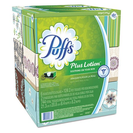 Puffs Plus Lotion 2 Ply Lotion Facial Tissue, Wht, 2-Ply, 8 1, PK24, 124 Sheets PGC 39383