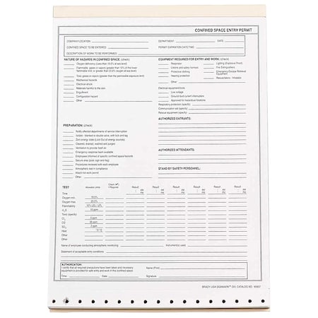 Brady Confined Space Entry Permit, 11 in Height, 8 1/2 in Width 65937