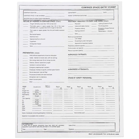 Brady Confined Space Entry Permits, Paper, 11 in H x 8 1/2 in W, Black, White, 25 PK 65936