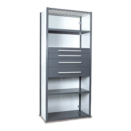 Equipto V-Grip Shelving W/ 4Drwrs/5Shlvs 7x1.5x4, Strtr, 3", 4.5", 6", 7.5"Drwrs, GY S4240VHS-GY