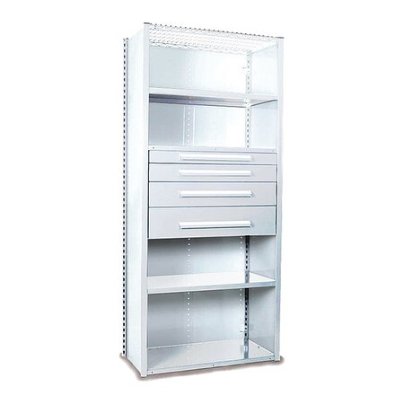 Equipto V-Grip Shelving W/ 4Drwrs/5Shlvs 7x2x3, Strtr, 3", 4.5", 6", 7.5" Drwrs, WH S4230VHS-WH