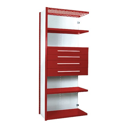 Equipto V-Grip Shelving W/ 4Drwrs/5Shlvs 7X1.5X3 Addon, 3", 4.5", 6", 7.5"Drwrs, RD S4220VNA-RD