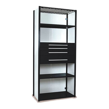 Equipto V-Grip Shelving W/ 4Drwrs/5Shlvs 7x2x3, Strtr, 3", 4.5", 6", 7.5" Drwrs, BK S4232VHS-BK