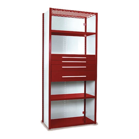 Equipto V-Grip Shelving W/ 4Drwrs/5Shlvs 7x1.5x4, Strtr, (2)3", 4.5", 7.5"Drwrs, RD S4242VHS-RD