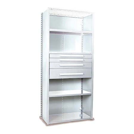 Equipto V-Grip Shelving W/ 4Drwrs/5Shlvs 7x1.5x4, Strtr, (2)3", 4.5", 7.5"Drwrs, WH S4242VHS-WH