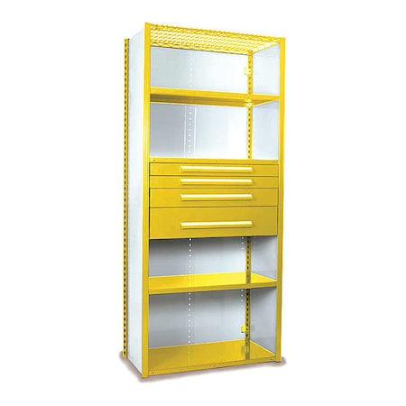 Equipto V-Grip Shelving W/ 4Drwrs/5Shlvs 7x2x4, Strtr, (2)3", 4.5", 7.5"Drwrs, YL, Height: 84" S4252VHS-YL