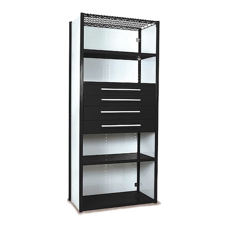 Equipto V-Grip Shelving W/ 4Drwrs/5Shlvs 7x2x3, Strtr, (2)4.5" And (2)6"Drwrs, BK, Number of Shelves: 5 S4231VHS-BK