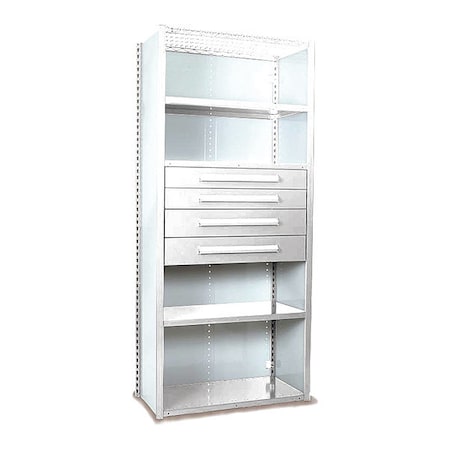 Equipto V-Grip Shelving W/ 4Drwrs/5Shlvs 7x2x3, Strtr, (2)4.5" And (2)6"Drwrs, WH S4231VHS-WH