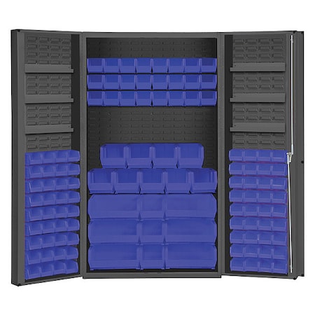 Durham Mfg Cabinet with 114 blue Hook-On-Bins, 3 adjustable shelves on each door DC48-114-6DS-5295