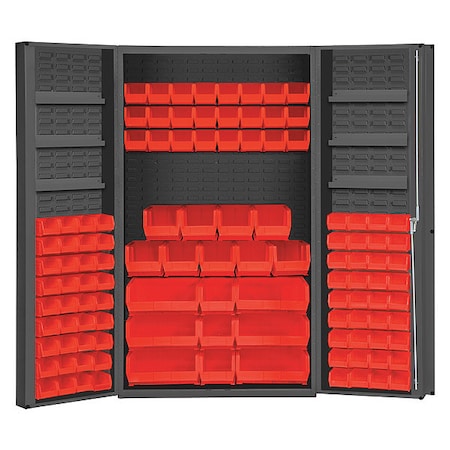 Durham Mfg Cabinet with 114 red Hook-On-Bins, 3 adjustable shelves on each door DC48-114-6DS-1795
