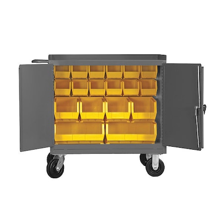 Durham Mfg Mobile bench cabinet, louvered panel back, 18 bins, locking doors 3100-BLP-18-95