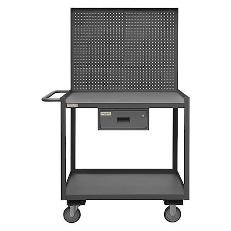 Durham Mfg Mobile Workstation, 2 shelf, 1 keyed drawer, pegboard panel, work surface RSC-2436-2-PB-1DR-95