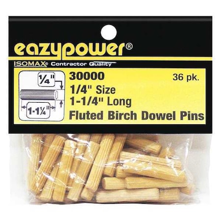 Eazypower Fluted Birch Dowel Pin, 1/4"x1-1/4", PK36 30000
