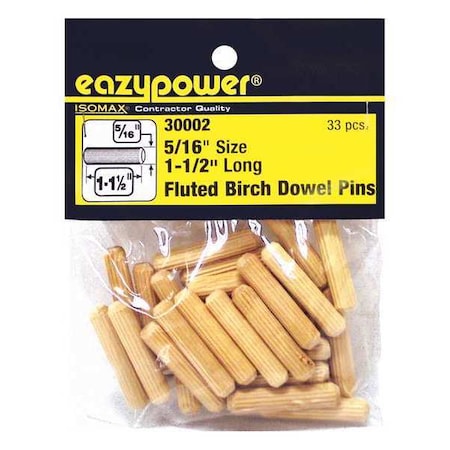 Eazypower Fluted Birch Dowel Pin, 5/16"x1-1/2", PK33 30002