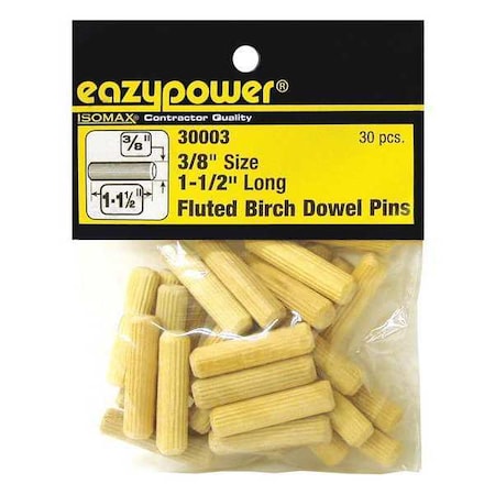 Eazypower Fluted Birch Dowel Pin, 3/8"x1-1/2", PK30 30003