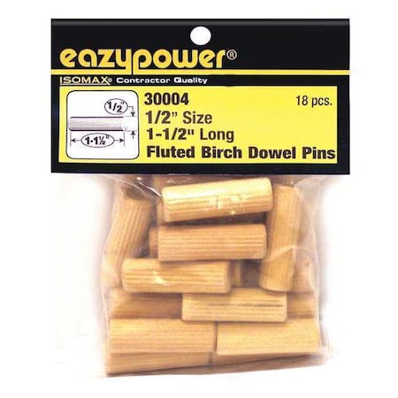 Eazypower Fluted Birch Dowel Pin, 1/2"x1-1/2", PK18 30004