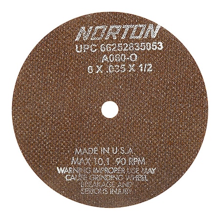 Norton Abrasives Cut-Off Wheel, Type 1, 8 in Dia, 0.035 in Thick, 1/2 in Arbor Hole Size, Aluminum Oxide, 60 Grit 66253043014