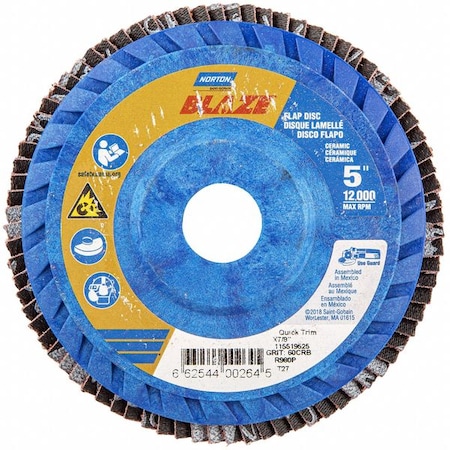 Norton Abrasives Flap Disc, Ceramic, Type 27, 5" dia 66254400264