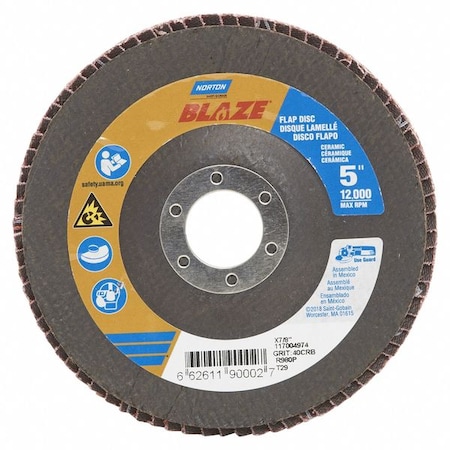 Norton Abrasives Flap Disc, Ceramic, Type 29, 5" dia 66261190002