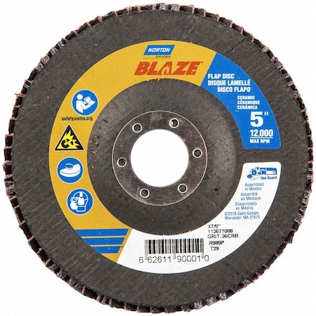 Norton Abrasives Flap Disc, Ceramic, Type 29, 5" dia 66261190001