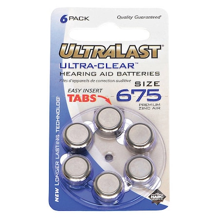 Ultralast NABC UltraLast UL675HA Size 675 Ultra-Clear Hearing Aid Battery - Zinc Air - 1.4V DC UL675HA