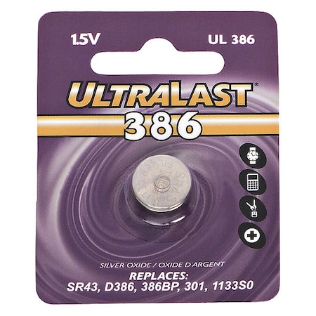 Ultralast Battery 1.55 Volt Silver Oxide Ultralast Watch Battery UL386