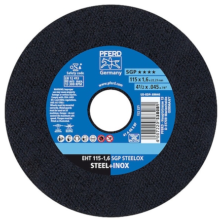 Pferd Abrasive Cut-Off Wheel, Type 1, 4-1/2 in Dia, 0.045 in Thick, 7/8 in Arbor Hole Size, 46 Grit 69846