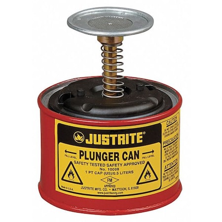 Justrite Plunger Can 0.125 gal Steel Can, Brass, Ryton Plunger, 2 3/4 in Dasher Plate Dia., Red 10008