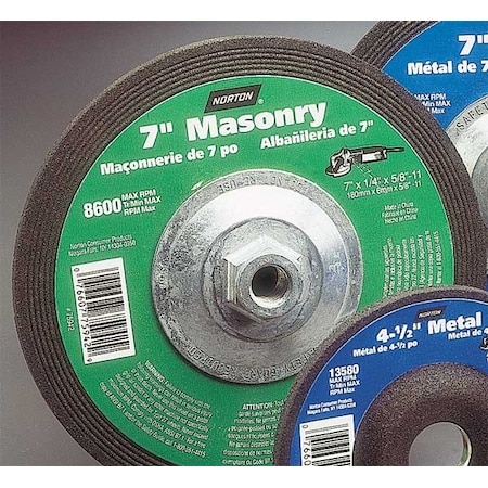 Norton Abrasives Depressed Center Grinding Wheel, Type 27, 7 in Dia, 0.25 in Thick, 5/8"-11 Arbor Hole Size, 24 Grit 07660775942