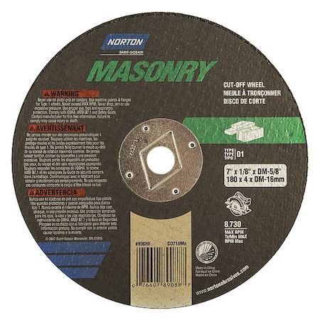 Norton Abrasives Abrasive Cut-Off Wheel, Type 1, 7 in Dia, 0.125 in Thick, 5/8 in Arbor Hole Size, Silicon Carbide 07660789055