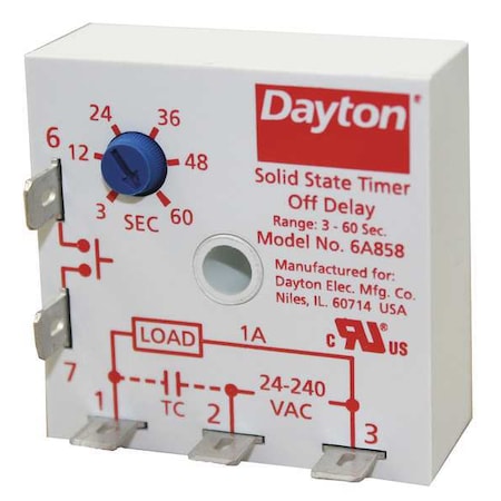 Dayton Single Function Encapsulated Timing Relay, Square, Off Delay, 1 Functions 240V AC, SPST-NO 6A858
