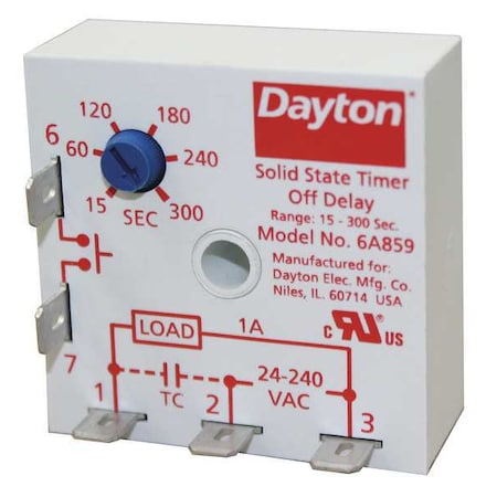 Dayton Single Function Encapsulated Timing Relay, Square, Off Delay, 1 Functions 240V AC, SPST-NO 6A859