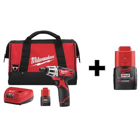 Milwaukee Tool Cordless Screwdriver Kit, Chuck Size 1/4 in, 12 V, Includes Additional Battery (2 Ah) 7DF45