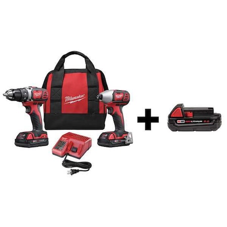 Milwaukee Tool Cordless Combo Kit, 18.V, Includes Additional Battery 7DF54