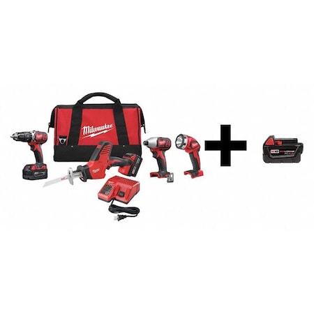 Milwaukee Tool M18 Cordless LITHIUM-ION 4-Tool Combo Kit + M18 XC 4.0 Extended Capacity Battery Pack 2695-24 / 48-11-1840