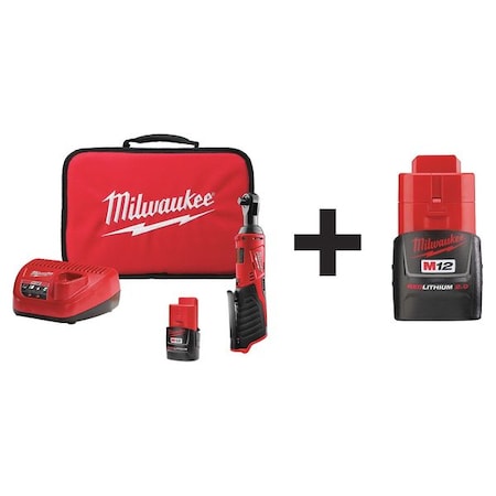 Milwaukee Tool M12 Cordless 3/8" Lithium-Ion Ratchet Kit + M12 CP2.0 Battery 2457-21, 48-11-2420