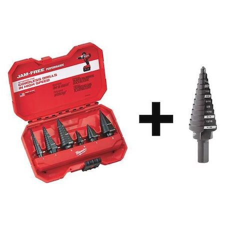 Milwaukee Tool Step Drill Bit Set, 6PC + No. 4 Step Drill Bit, 3/16" - 7/8" by 1/16" 48-89-9224, 48-89-9204