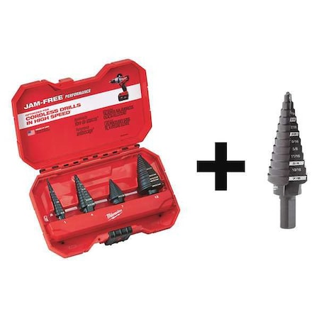Milwaukee Tool No. 4 Step Drill Bit, 3/16" - 7/8" by 1/16" + Step Drill Bit Set - 4PC 48-89-9223, 48-89-9204