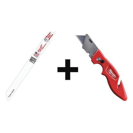 Milwaukee Tool 50 9" L x 14 TPI Metal Cutting Bi-metal Reciprocating Saw Blade + Folding Utility Knife 48-01-6187, 48-22-1901