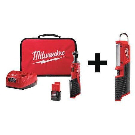Milwaukee Tool M12 Cordless 3/8" Lithium-Ion Ratchet Kit + M12 Stick Light 2457-21, 2351-20