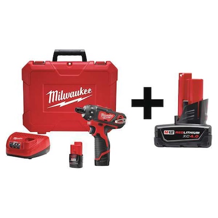 Milwaukee Tool M12 1/4 in Hex 2-Speed Screwdriver Kit + M12 XC 4.0 Battery Pack 2406-22, 48-11-2440