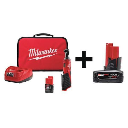 Milwaukee Tool M12 Cordless 3/8" Lithium-Ion Ratchet Kit + M12 XC 4.0 Battery 2457-21, 48-11-2440
