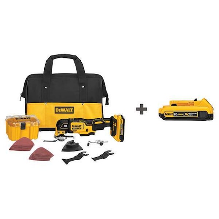 Dewalt Oscillating Tool Kit, 20V, Cordless, 3.2  Degrees Oscillation Angle, MAX* XR Series DCS355D1, DCB203