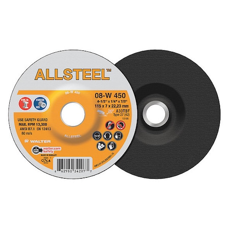 Walter Surface Technologies Allsteel Grinding Disc, 4-1/2" x 1/4" 08W450